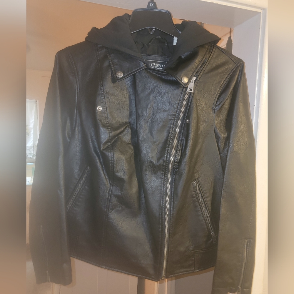 LEVIS Black Faux Leather Jacket with Hood